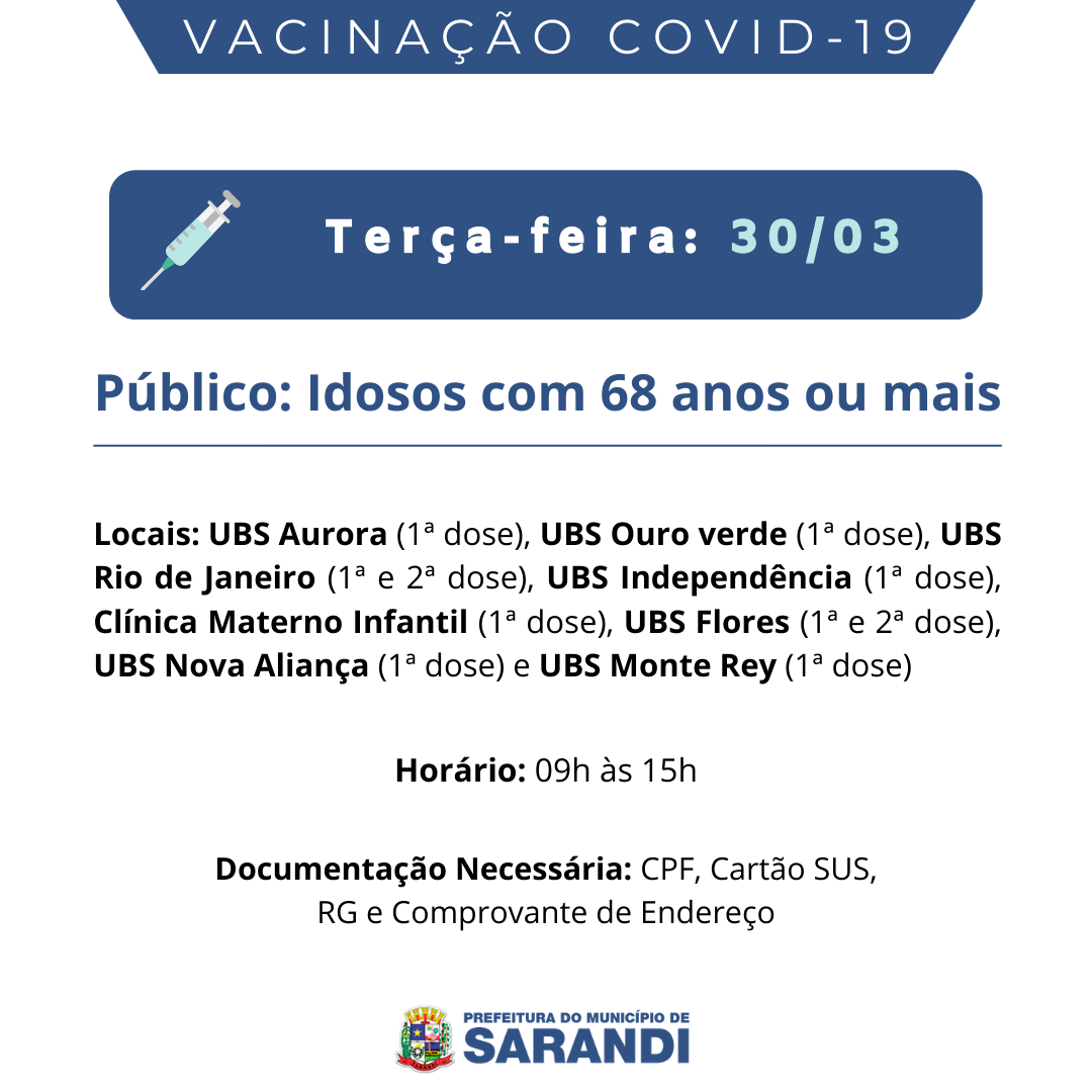 Cronograma de Vacinação contra Covid-19 - Terça-feira - 30/03/2021